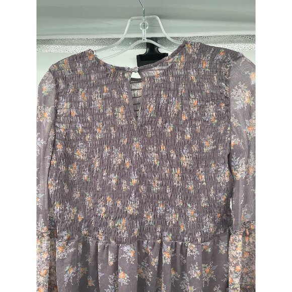 American Eagle Floral Sheer Blouse Smocked Long Flare Sleeve Violet/Multi Small - Picture 6 of 9